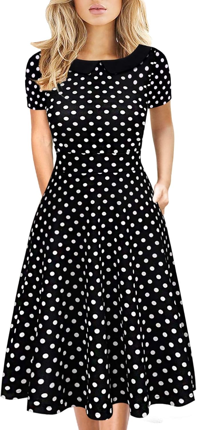 Women's Elegant Vintage Dresses Knee Length Casual Floral Print Work Party Peter Pan Collar A-Line Dress with Pockets 978