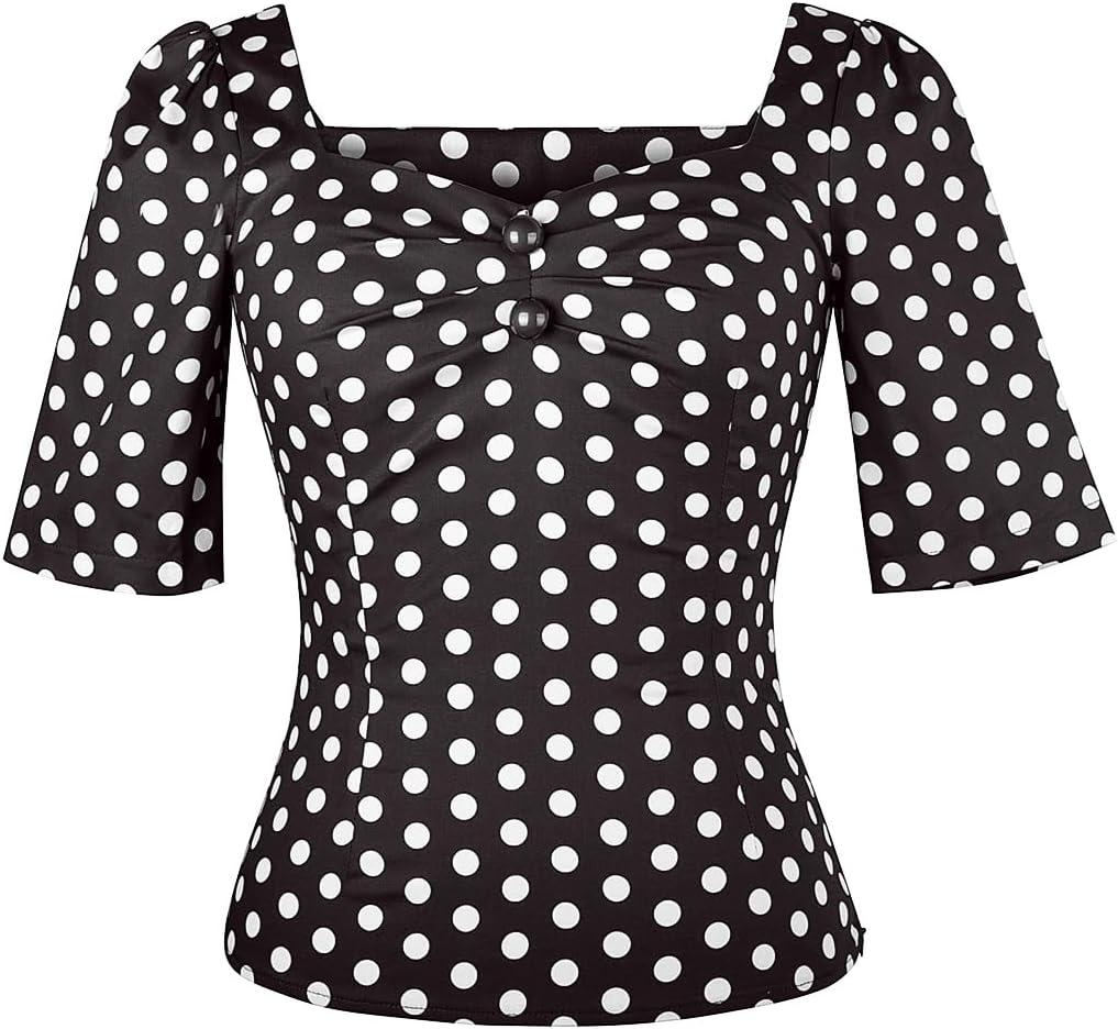 YARN & INK Women's 1950s Pinup Tops, Rockabilly Vintage Blouse Medium Sleeves Sweetheart V-Neck Shirt