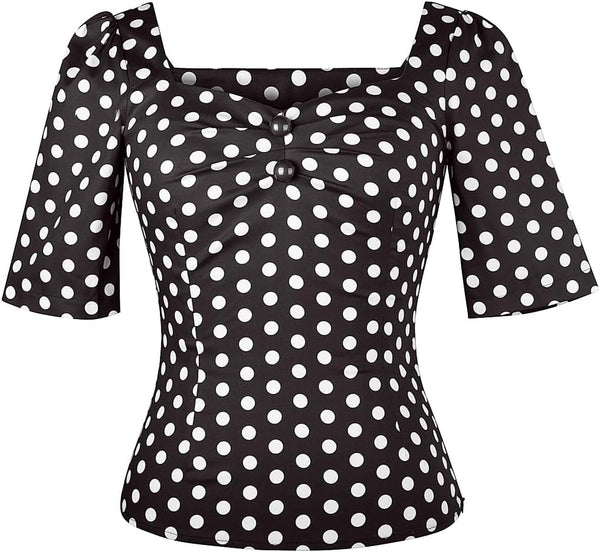 YARN & INK Women's 1950s Pinup Tops, Rockabilly Vintage Blouse Medium Sleeves Sweetheart V-Neck Shirt