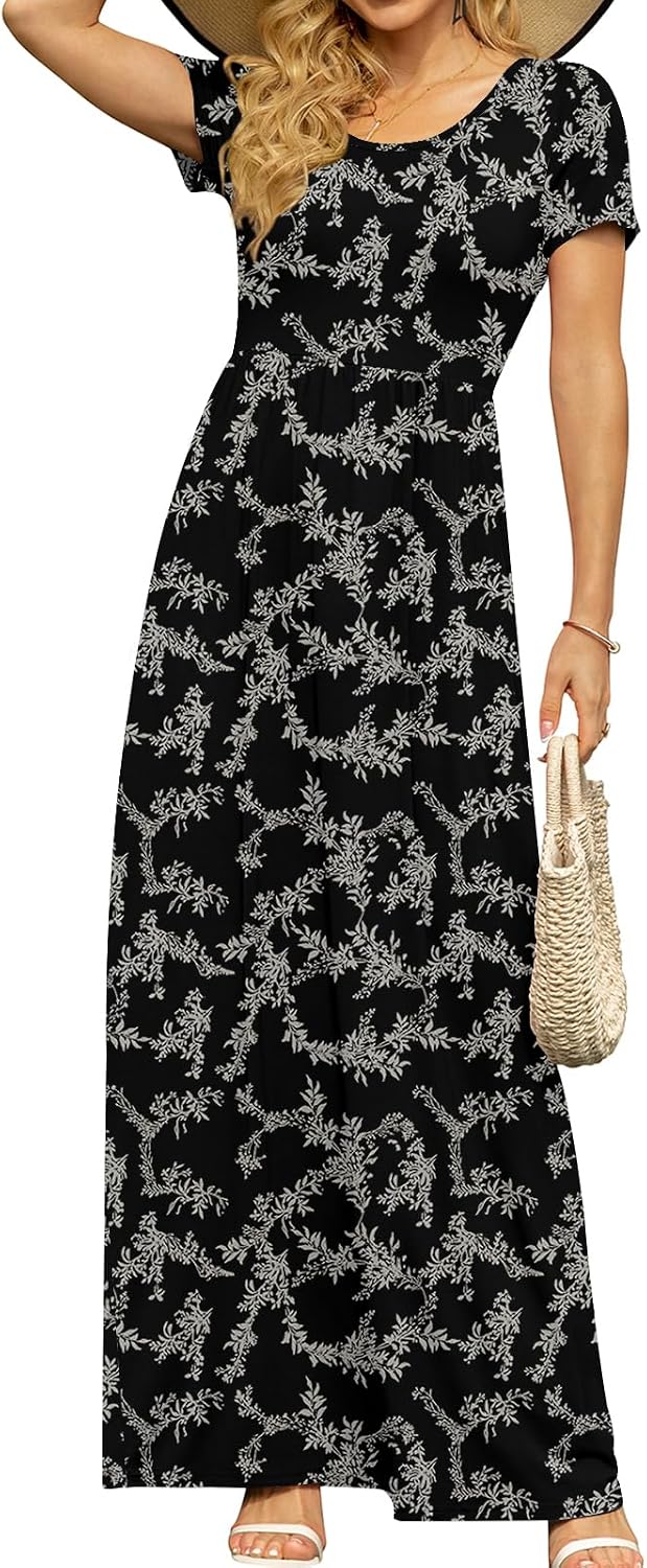 DB MOON Women's Summer Maxi Dress Casual Short Sleeve Empire Waist Pockets