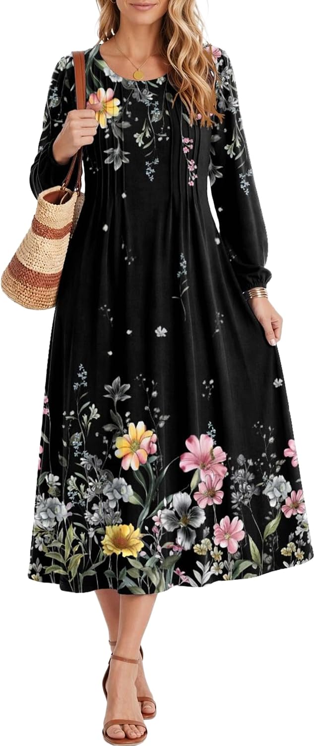 Zeagoo Fall Dresses for Women Long Sleeve Midi Dress Casual A Line Dresses 2026 Pleated Flare Dress with Pockets