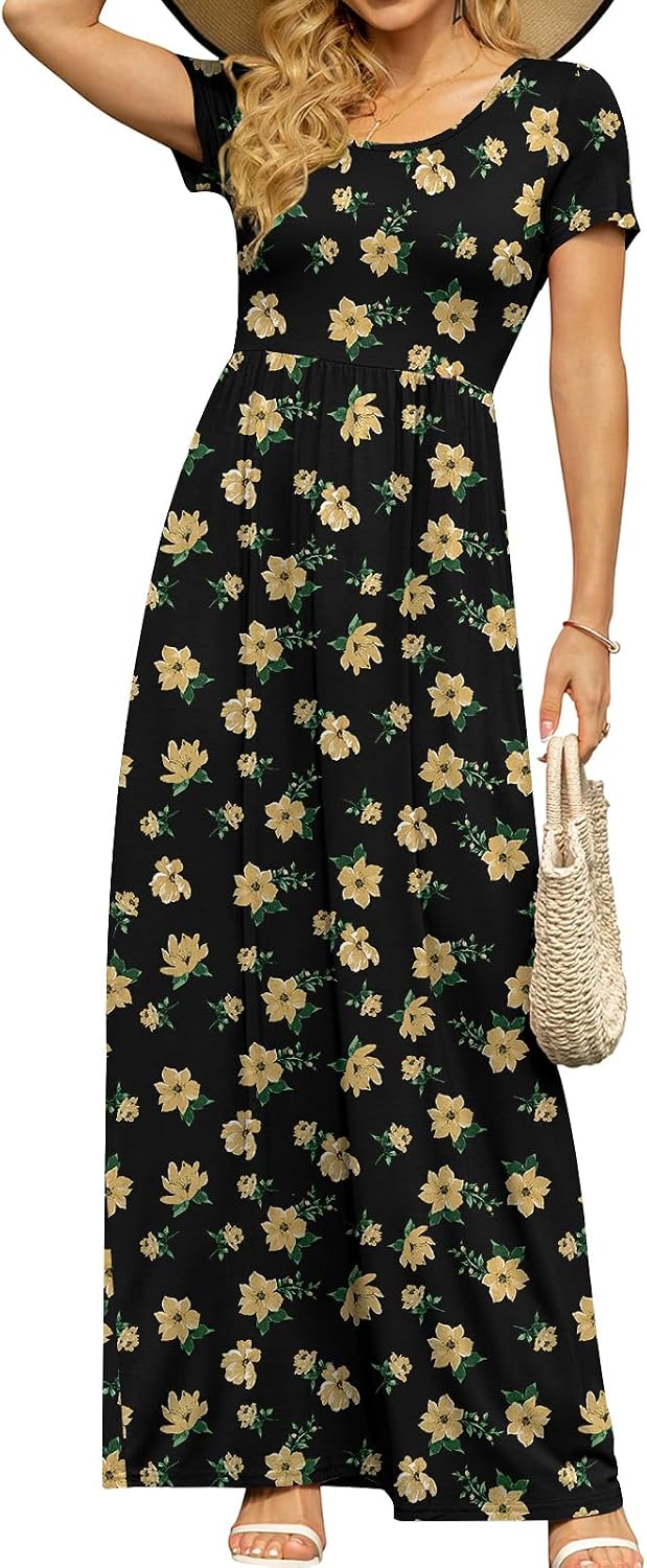 DB MOON Women's Summer Maxi Dress Casual Short Sleeve Empire Waist Pockets