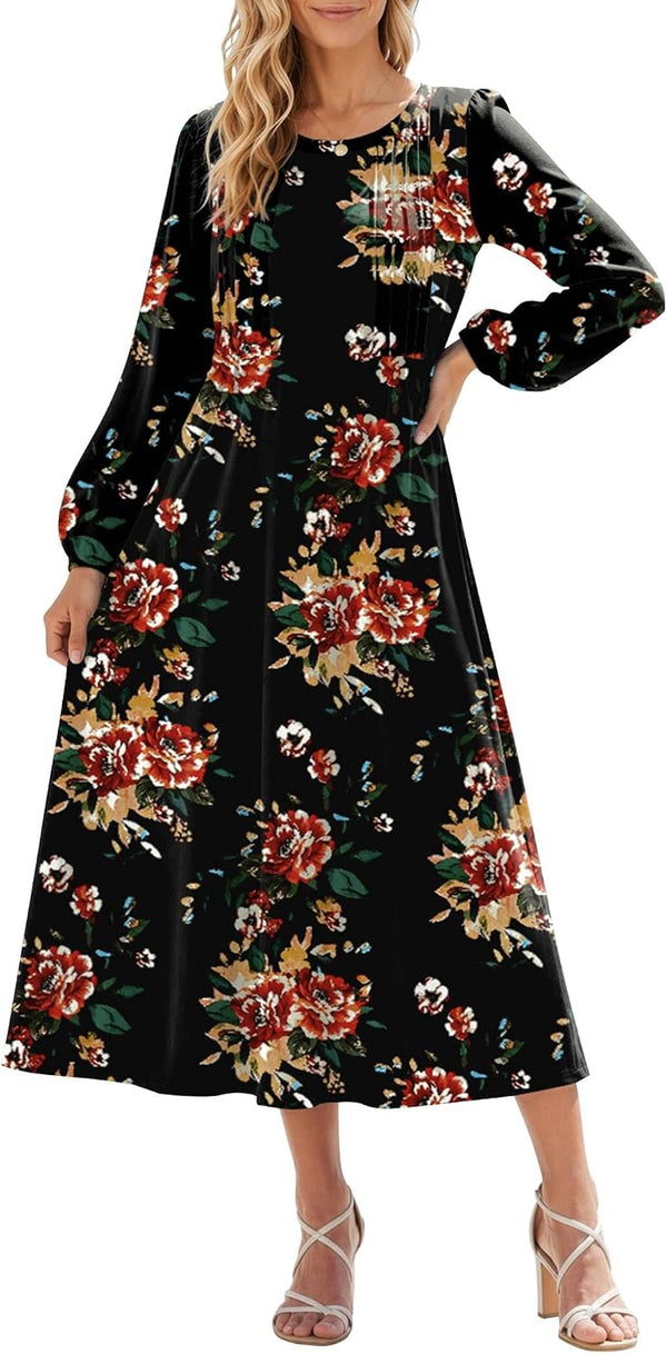 Zeagoo Fall Dresses for Women Long Sleeve Midi Dress Casual A Line Dresses 2026 Pleated Flare Dress with Pockets