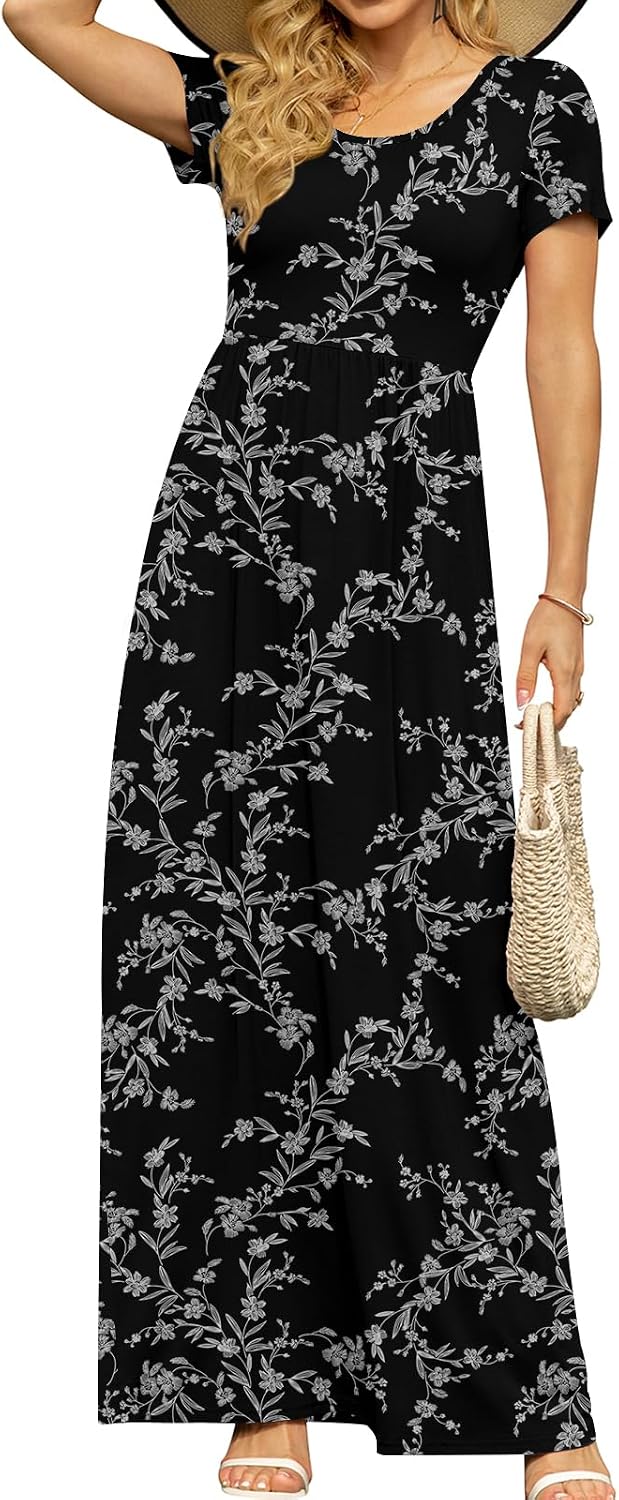 DB MOON Women's Summer Maxi Dress Casual Short Sleeve Empire Waist Pockets