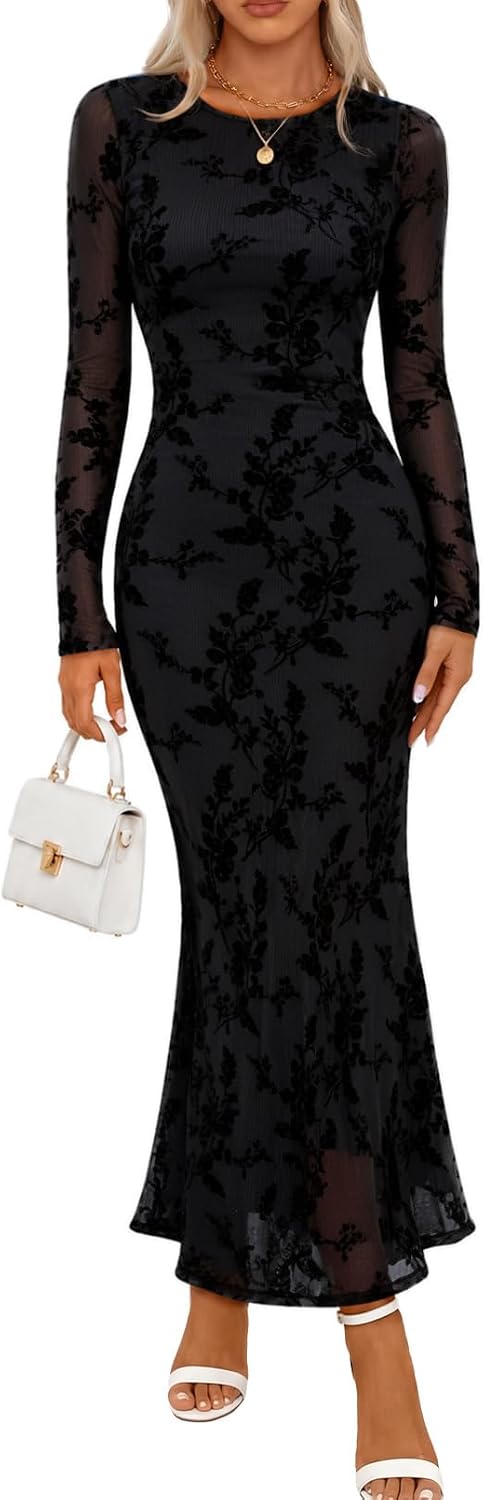 MEROKEETY Womens Fall Velvet Formal Wedding Guest Maxi Dress