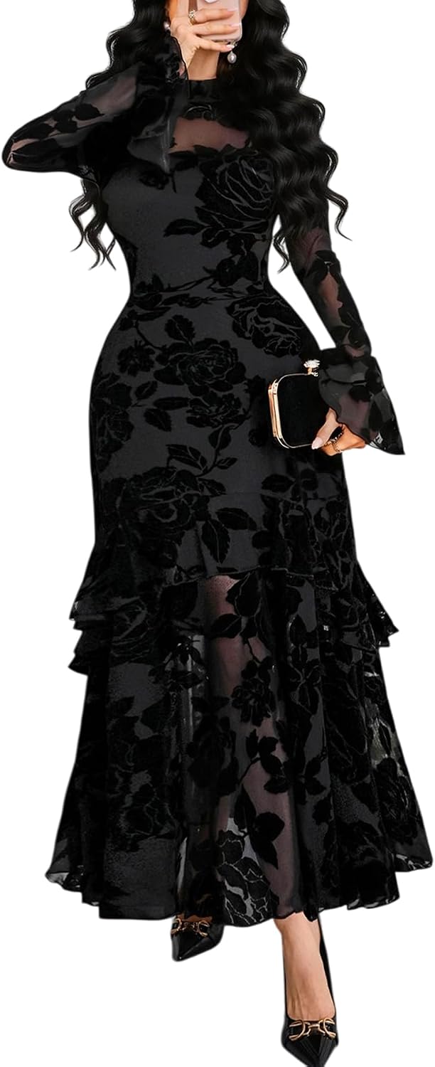 GothDark Women Floral Maxi Dress Bell Sleeve Party Wedding Guest Dresses