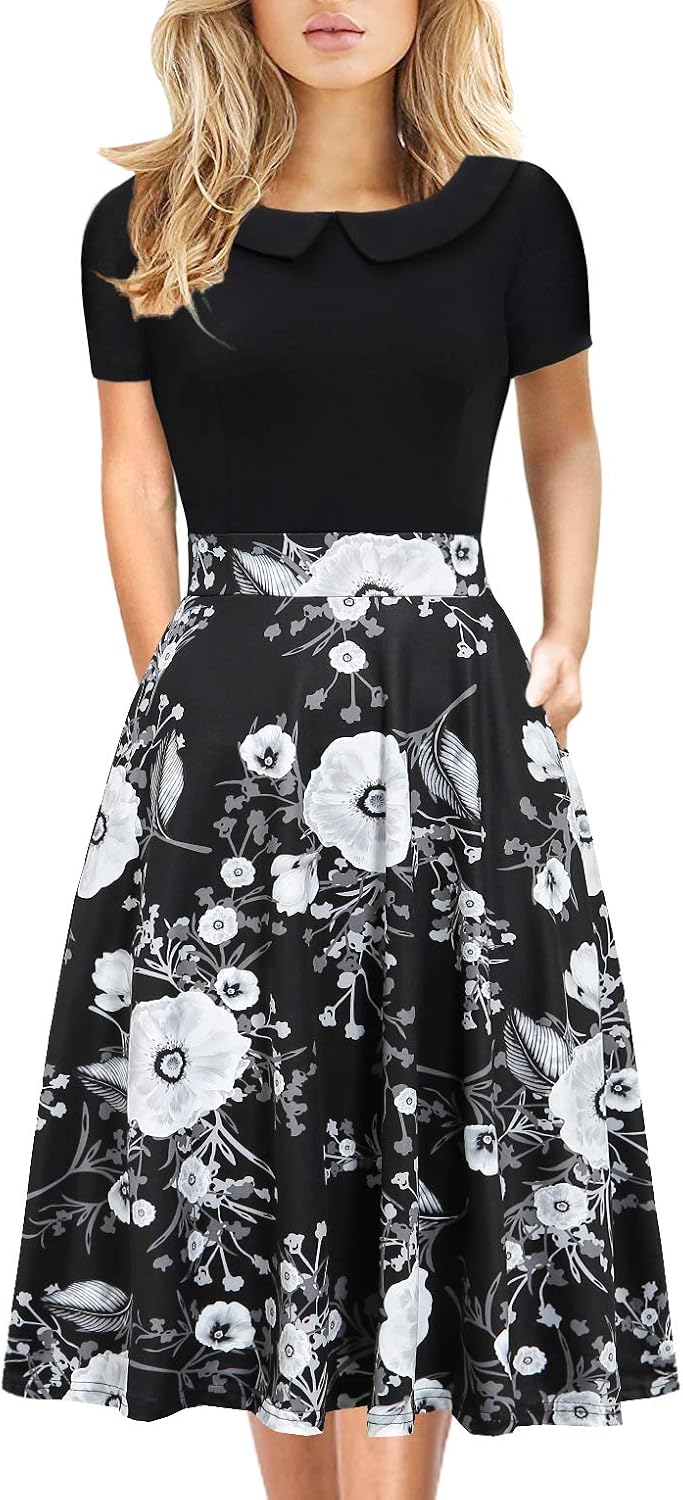 Women's Elegant Vintage Dresses Knee Length Casual Floral Print Work Party Peter Pan Collar A-Line Dress with Pockets 978