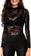 Womens Mesh Long Sleeve Tops Mock Neck Sexy Sheer See Through Tee Shirts Party Club Night Lace Blouse