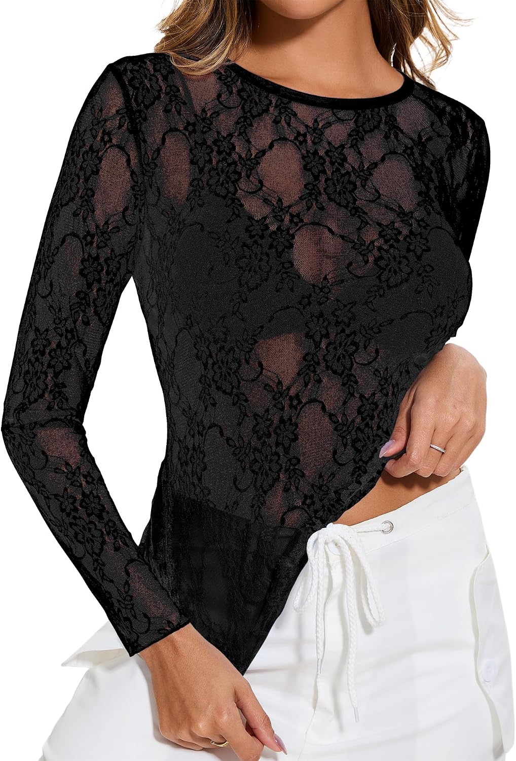 AKEWEI Womens Mesh Long Sleeve Tops Crew Neck Sexy See Through Tee Shirts Party Club Night Lace Blouse