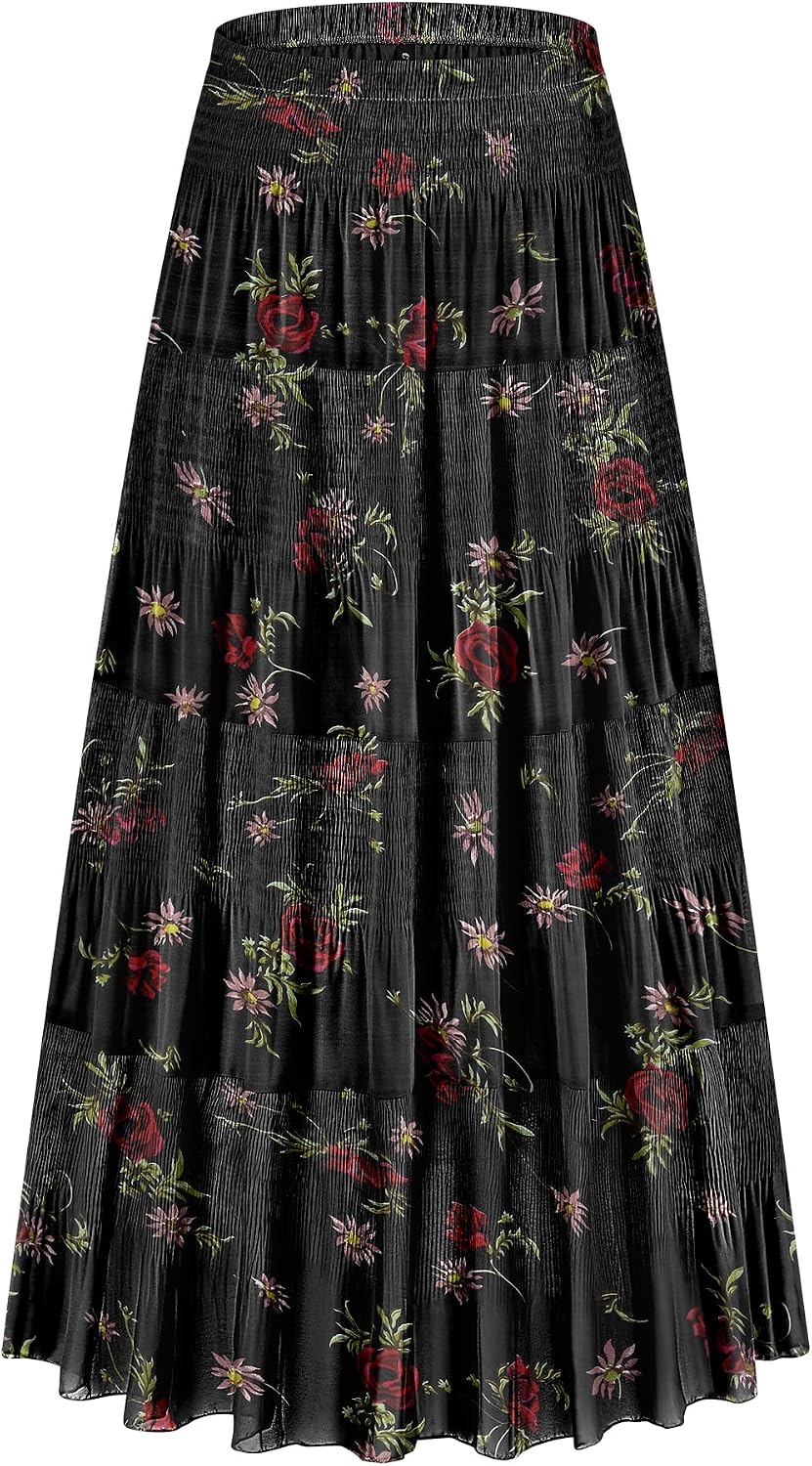 CYiNu Women's Chiffon Elastic High Waist Tiered Pleated Floral Printed A-Line Boho Long Maxi Skirts