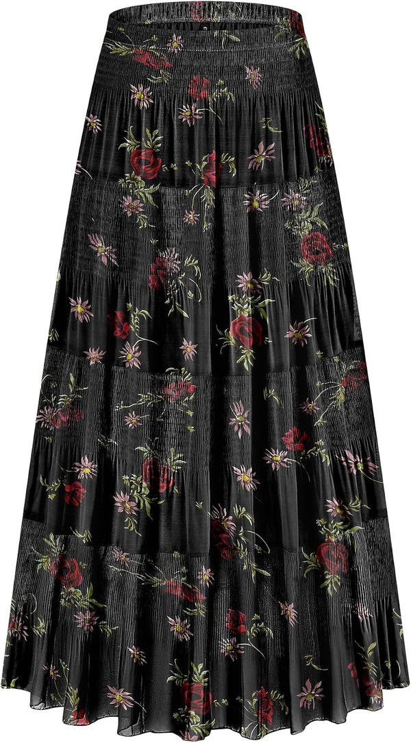 CYiNu Women's Chiffon Elastic High Waist Tiered Pleated Floral Printed A-Line Boho Long Maxi Skirts