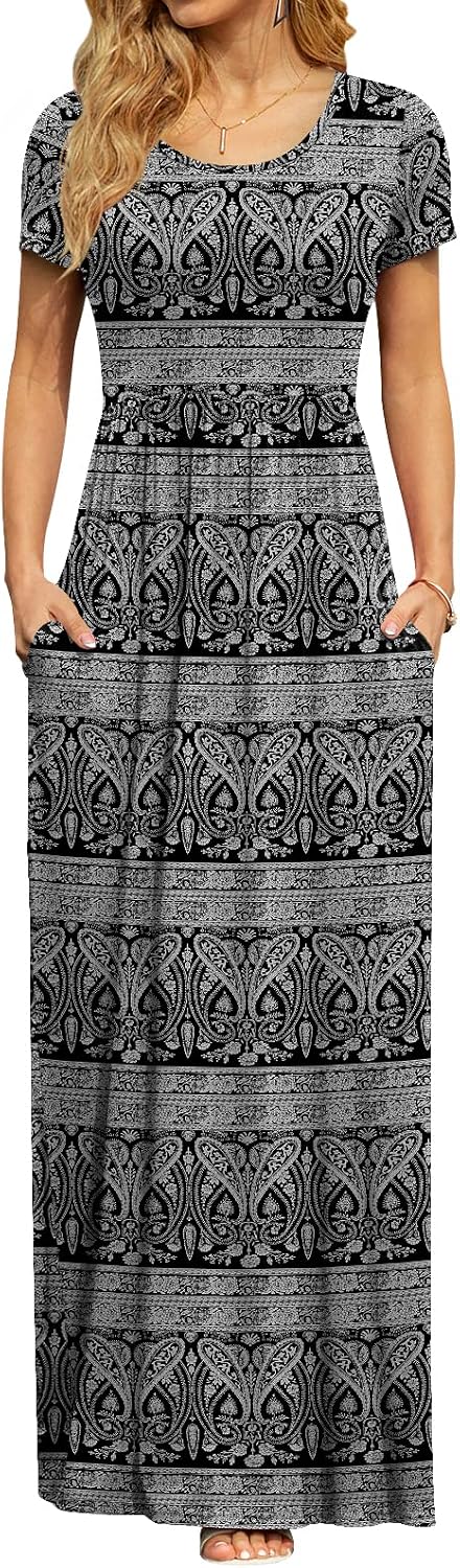 DB MOON Women's Summer Maxi Dress Casual Short Sleeve Empire Waist Pockets Secondary image