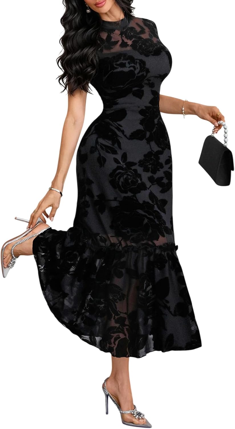 GothDark Women's Summer Floral Mesh Ruffle Casual Maxi Wedding Guest Dress