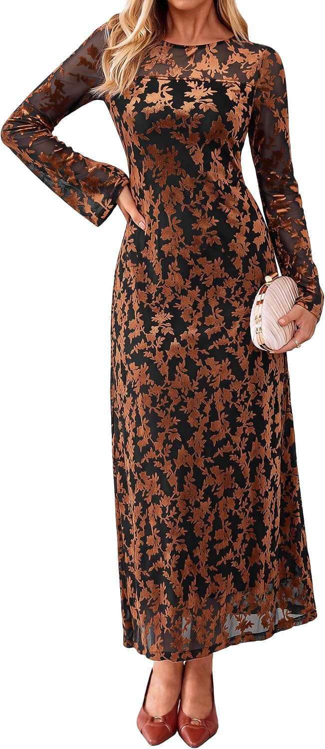 Simplee Womens Velvet Long Sleeve Fall Formal Wedding Guest Maxi Dress