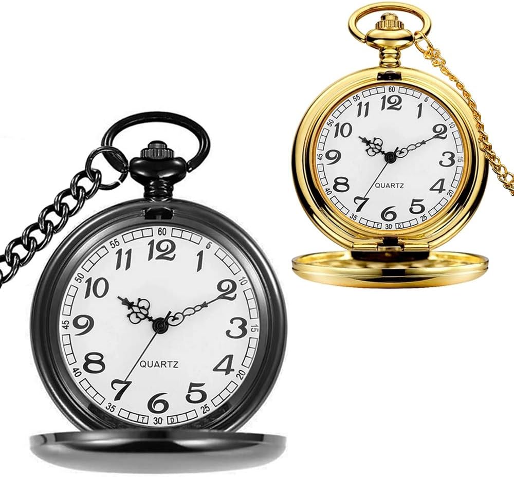 Set of 2 Classic Pocket Watch with Chain for Men and Women
