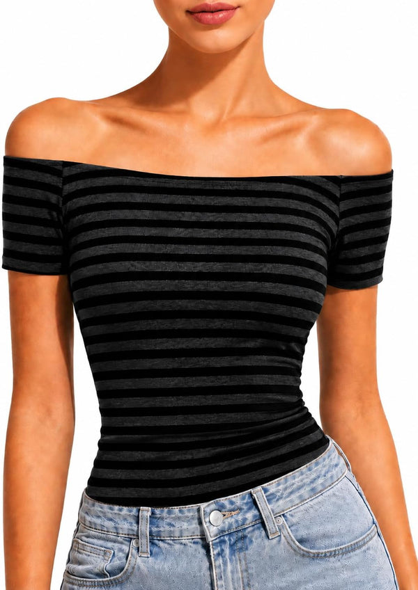 LilyCoco Off The Shoulder Tops for Women Striped Short Sleeve Sexy Going Out Top