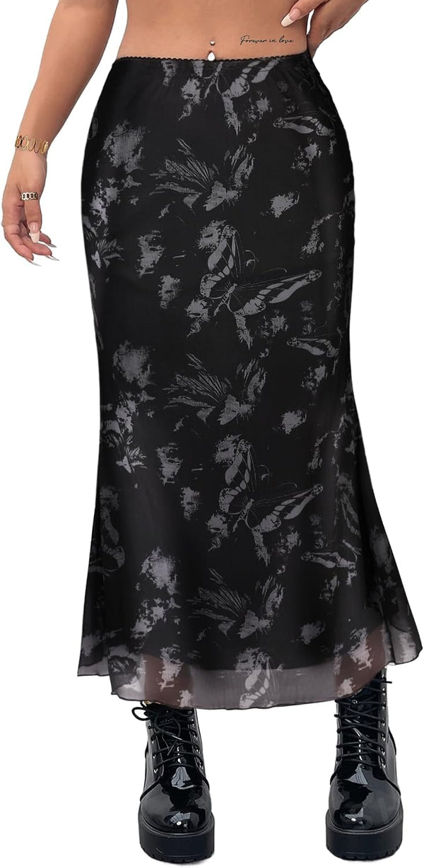 Avanova Women Boho Floral Mesh Long Skirts Elastic High Waisted Mermaid Hem 90s Grunge Maxi Skirt