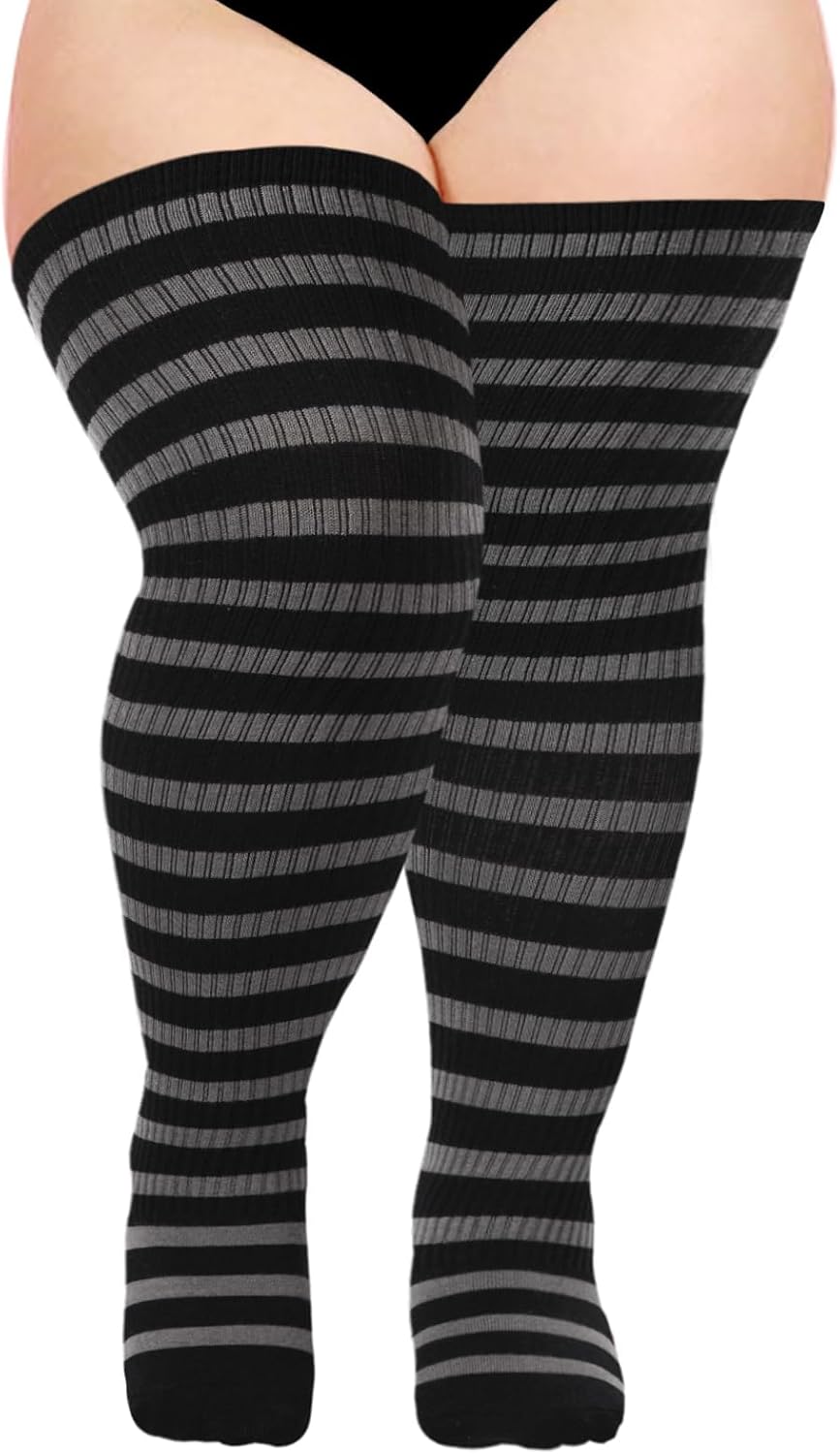 Moon Wood Plus Size Thigh High Socks for Women Knit Cotton Extra Long Striped Over the Knee High Socks Leg Warmers