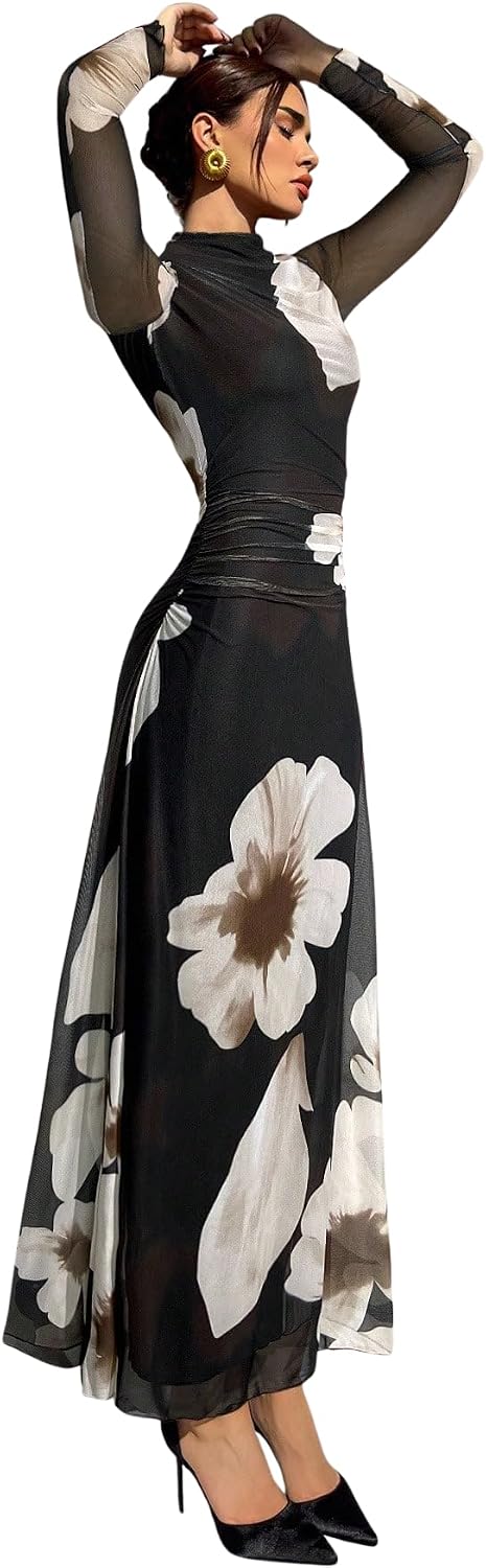 Verdusa Women's Floral Wedding Guest Dress Long Sleeve Mesh Maxi Dresses