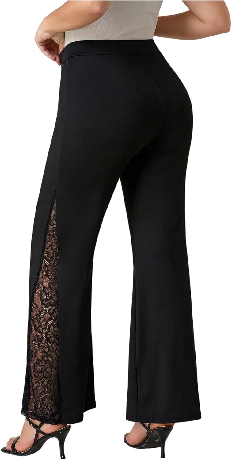 Wdirara Women's Plus Size Elastic High Waist Flare Bell Bottom Ribbed