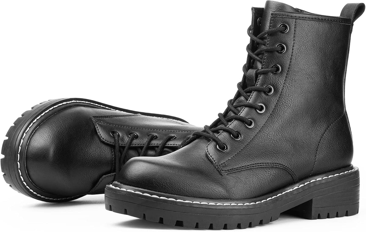 ICHIGO Women’s Ankle Booties 8-Eye Side Zipper Lace-up Combat Boots