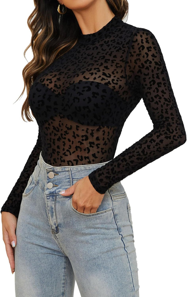 Mesh Top for Women Long Sleeve See Through Mesh Shirt Sheer Blouse Clubwear
