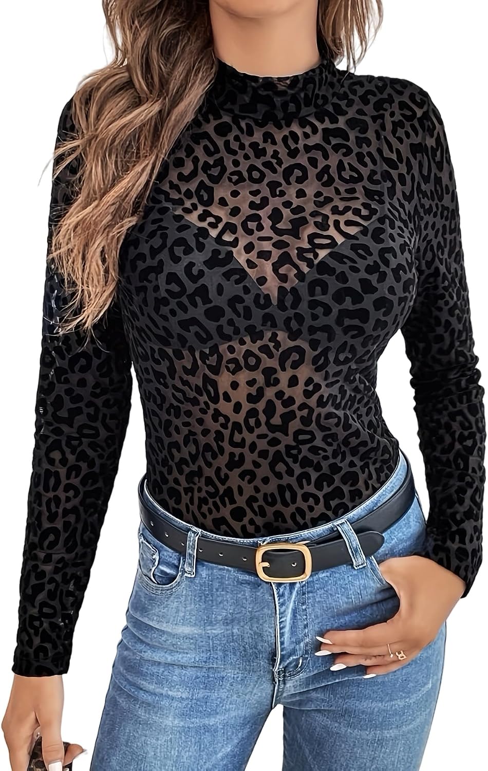 Womens Mesh Long Sleeve Tops Mock Neck Sexy Sheer See Through Tee Shirts Party Club Night Lace Blouse