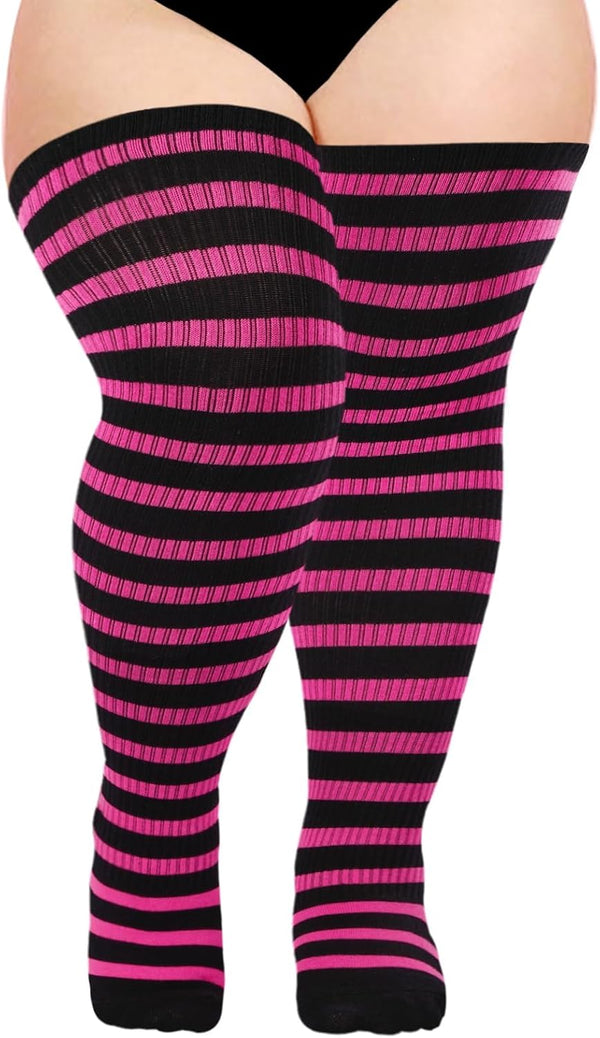 Moon Wood Plus Size Thigh High Socks for Women Knit Cotton Extra Long Striped Over the Knee High Socks Leg Warmers