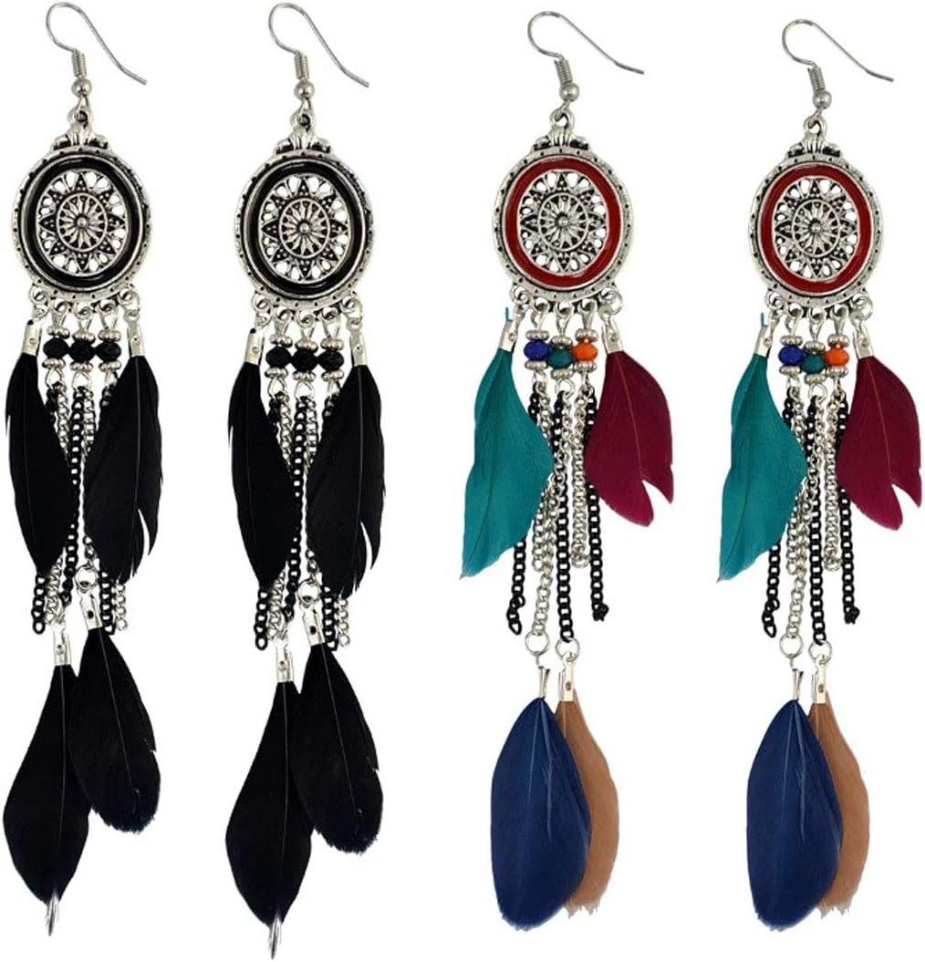 Punk Vintage Long Tassel Feather Beads Drop Wolf Tooth Pendant Earring Fish Hook Earrings Suitable to Wear At All Times