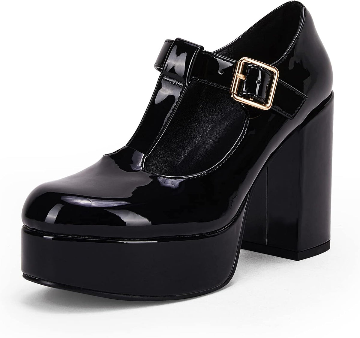 Coutgo Womens' T-Strap Round Toe Chunky Platform Heels Patent Mary Jane Dress Shoes