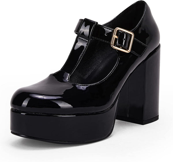 Coutgo Womens' T-Strap Round Toe Chunky Platform Heels Patent Mary Jane Dress Shoes