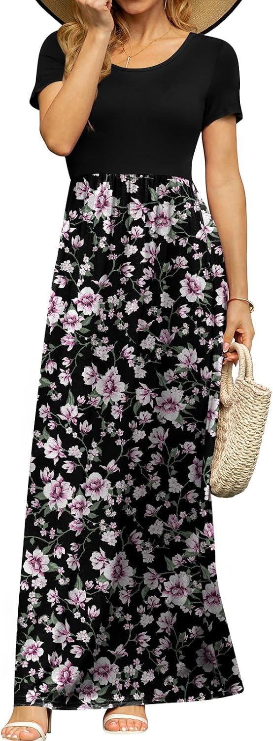 DB MOON Women's Summer Maxi Dress Casual Short Sleeve Empire Waist Pockets