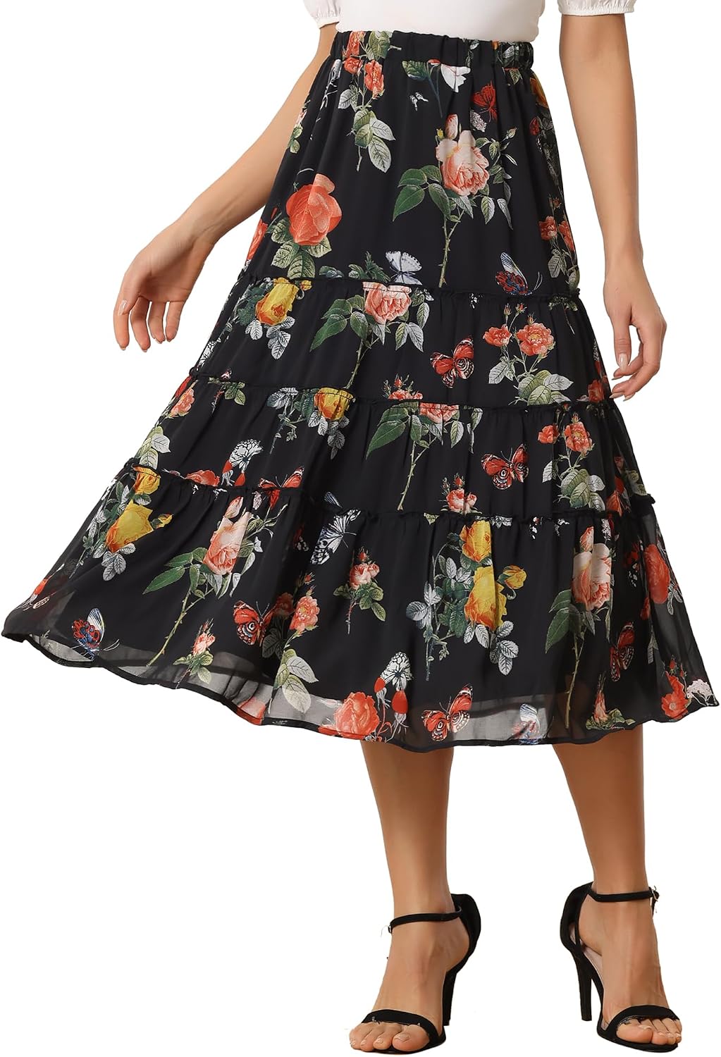 Allegra K Women's Floral Skirt Chiffon A-line Long Tiered Ruffle Maxi Skirt