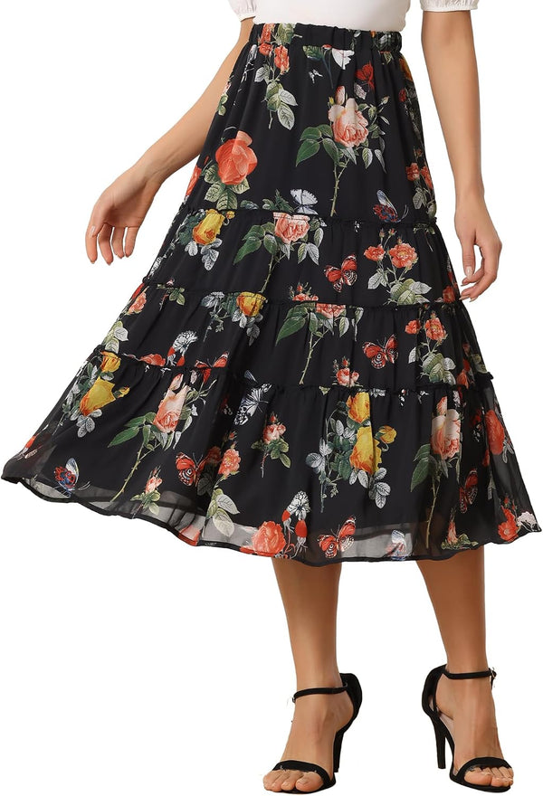 Allegra K Women's Floral Skirt Chiffon A-line Long Tiered Ruffle Maxi Skirt