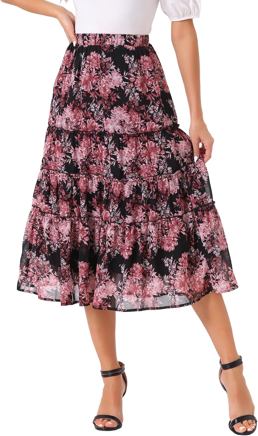 Allegra K Women's Floral Skirt Chiffon A-line Long Tiered Ruffle Maxi Skirt