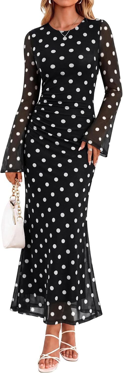 ZESICA Womens Long Sleeve Floral Fall Bodycon Ruched Mesh Maxi Formal Dress