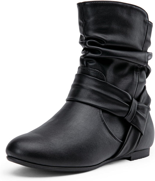 Women's Slouch Ankle Boots, Flat Low Heel Side Zip Booties 939A