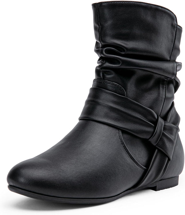 Women's Slouch Ankle Boots, Flat Low Heel Side Zip Booties 939A