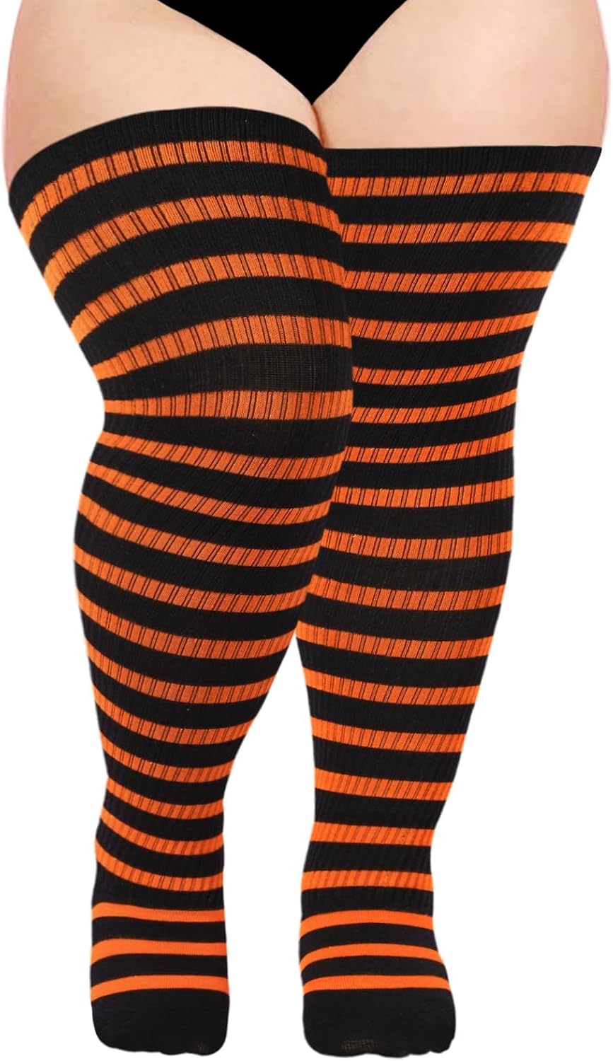 Moon Wood Plus Size Thigh High Socks for Women Knit Cotton Extra Long Striped Over the Knee High Socks Leg Warmers