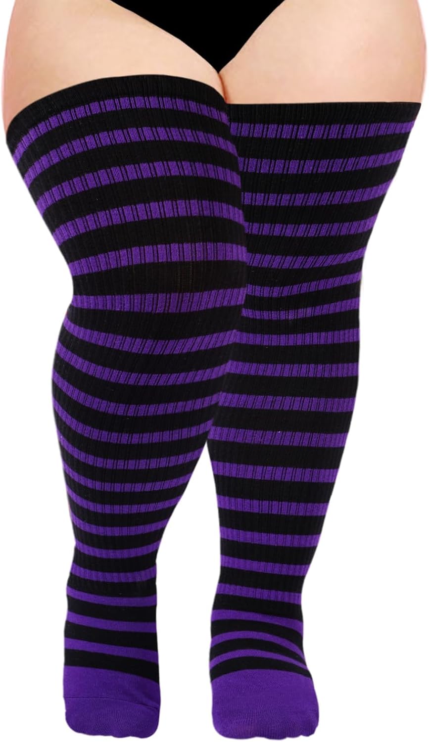 Moon Wood Plus Size Thigh High Socks for Women Knit Cotton Extra Long Striped Over the Knee High Socks Leg Warmers Secondary image