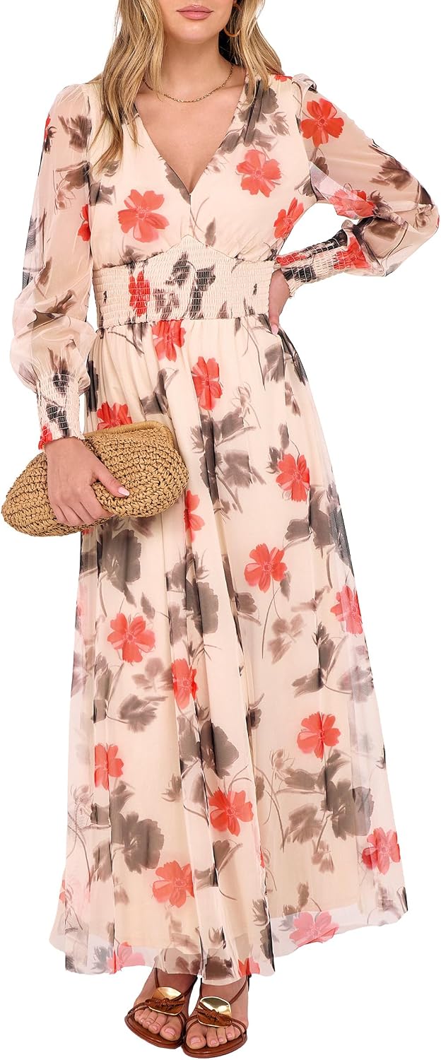ANRABESS Women's Fall Wedding Guest Tulle Floral Long Sleeve Maxi Dress