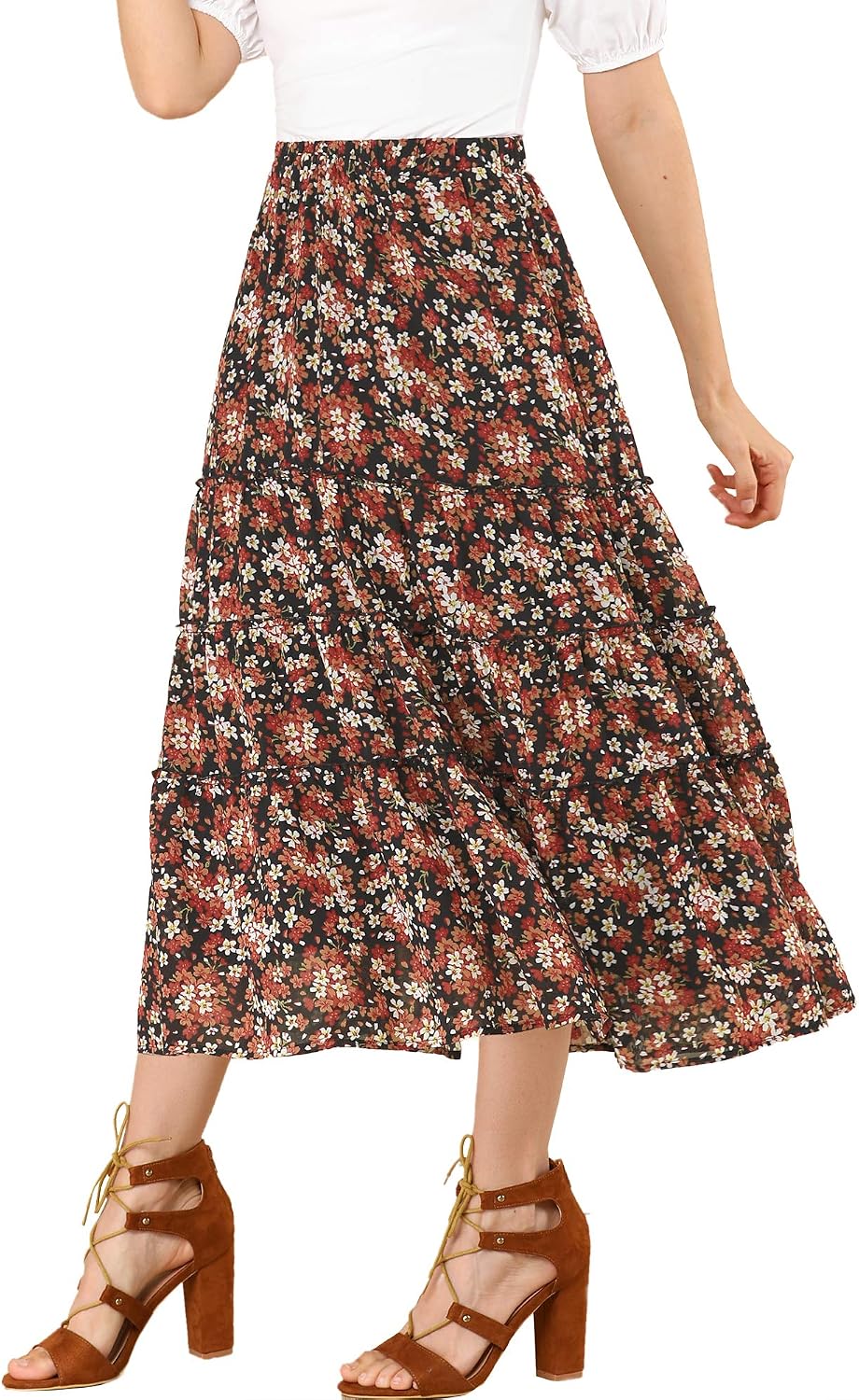 Allegra K Women's Floral Skirt Chiffon A-line Long Tiered Ruffle Maxi Skirt