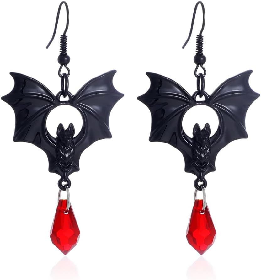 Gothic Bat Earrings for Women Black Red Crystal Dangle Drop Earrings Dark Punk Vampire Bat Earrings Hypoallergenic Vintage Goth Vampire Earrings Halloween Cosplay Party Jewelry Main image