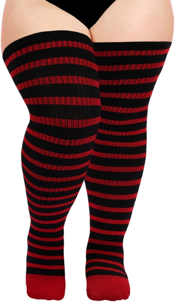 Moon Wood Plus Size Thigh High Socks for Women Knit Cotton Extra Long Striped Over the Knee High Socks Leg Warmers