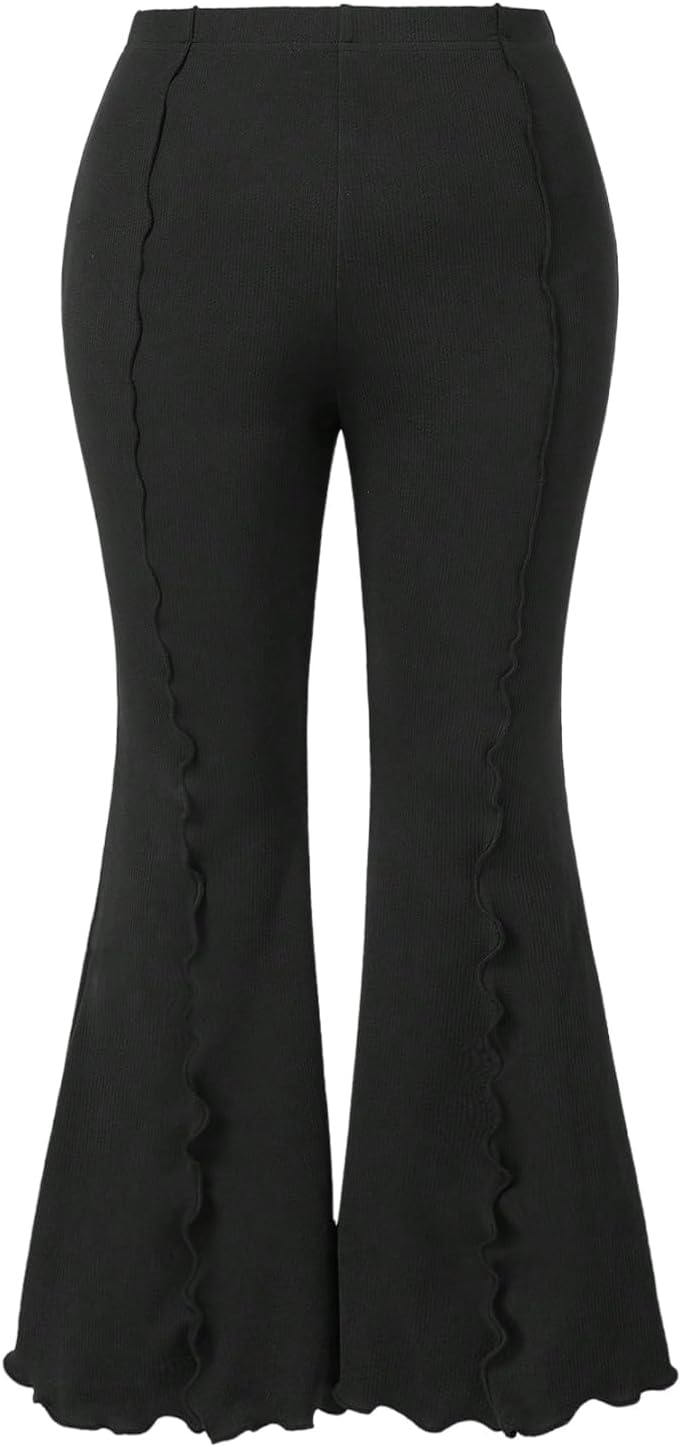 Wdirara Women's Plus Size Elastic High Waist Flare Bell Bottom Ribbed