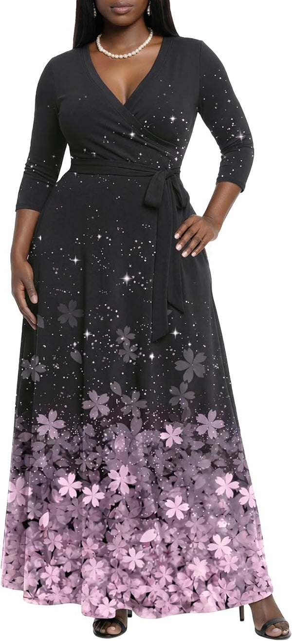 AOMONI Women's Maxi Dresses Summer Casual Wrap Tie Waist Long Dress