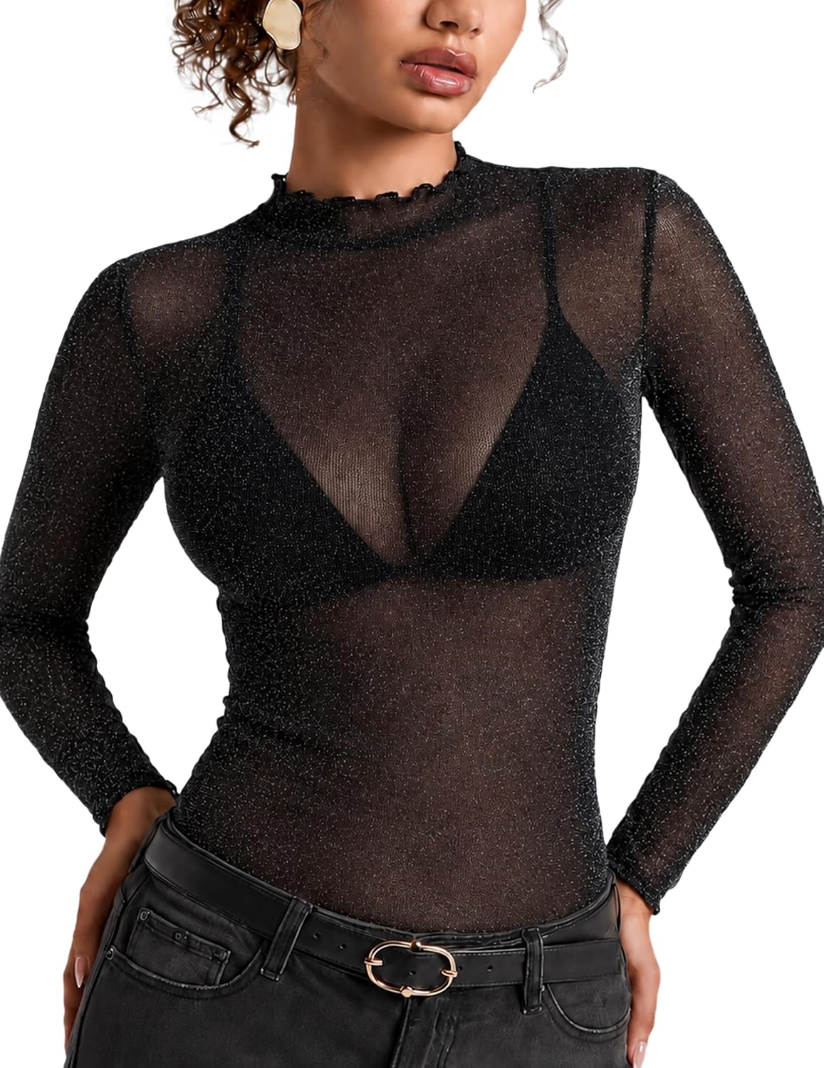 Women's Sheer Mesh Top, Mock Neck Long Sleeve Sparkly Going Out Shirt S-XXL