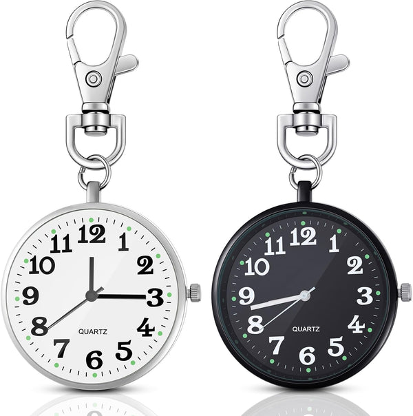 2 Pieces Quartz Pocket Watch with Key Buckle Round Keychain Clip on Wa
