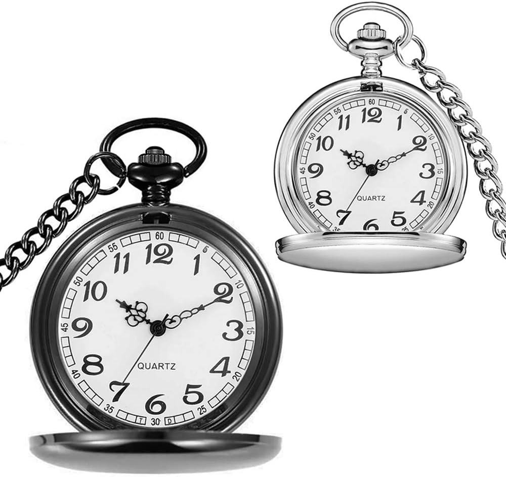 Set of 2 Classic Pocket Watch with Chain for Men and Women