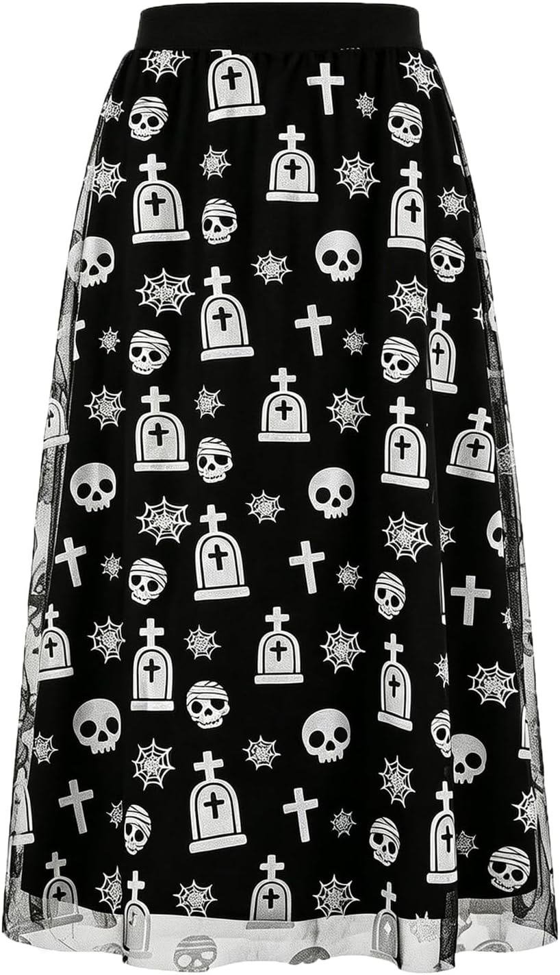 Women's Halloween Tulle Midi Skirt, Flocked Print Witch Costume Skirt
